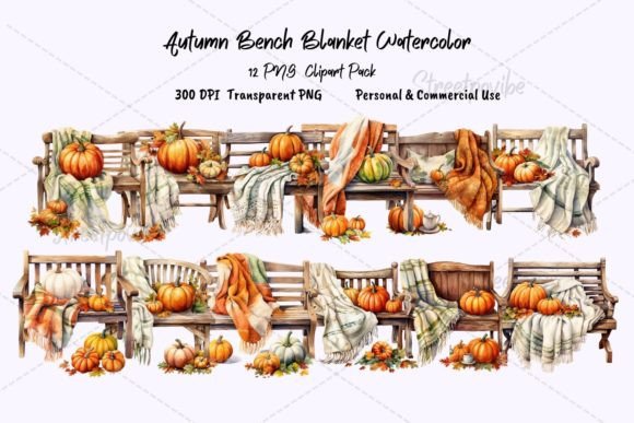 Autumn Vintage Bench Blanket Watercolor