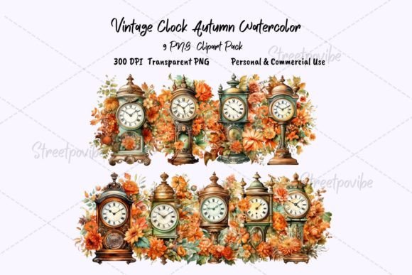 Autumn Vintage Clock Watercolor Clipart: A Versatile Design Resource for Creative Projects
