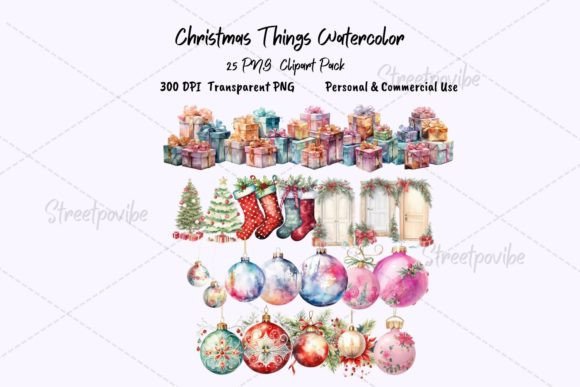Christmas Things Watercolor Clipart PNG