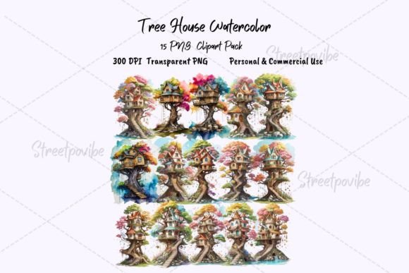Elevate Your Creative Projects with the TreeHouse Watercolor Clipart PNG Pack