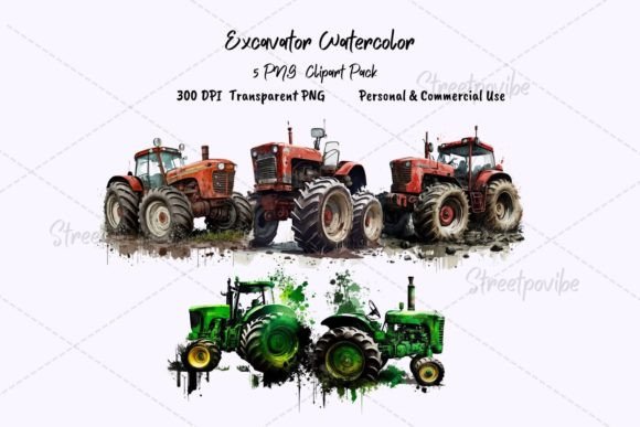 Elevating Digital Design Projects with the Excavator Watercolor Clipart PNG Pack Di