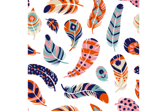 Feather Seamless Pattern. Boho Style Obj and Feather seamless pattern. Boho style objects. Decorative tribal multicolored items. Bird wing plumage. Eagle and peacock quills. Colorful print with ethnic ornaments birdy elements. Vector background EPS, JPG