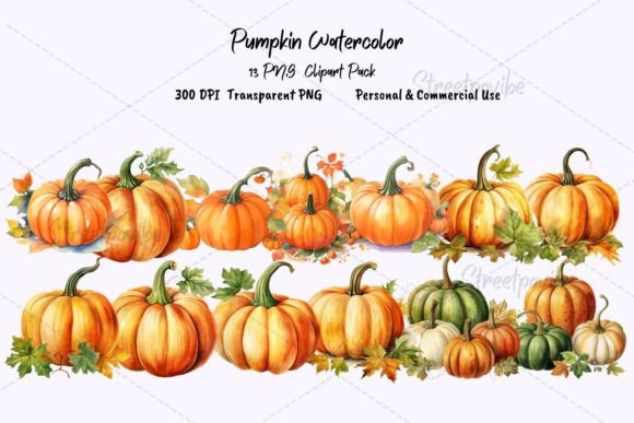 Pumpkin Watercolor Clipart PNG Pack Art