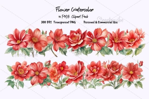 Red Flower Watercolor Clipart: High-Res PNG Pack