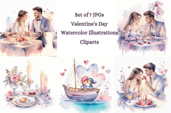 Valentine's Watercolor - 7 Cliparts Set