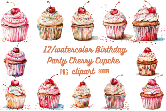 Watercolor Birthday Party Cherry Cupcake