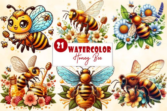 Watercolor Cute Honey Bee Clipart Bundle