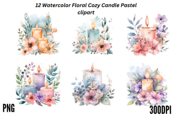 Watercolor Floral Cozy Candle Pastel Clipart for Creative Projects