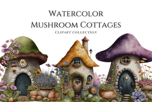 Watercolor Mushroom Cottages Clipart