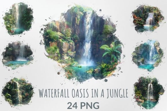 Watercolor Waterfall Oasis in a Jungle: A Natural Escape for Creative Minds