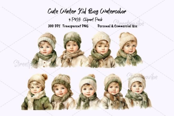 Winter Little Boy Watercolor Clipart PNG Bundle